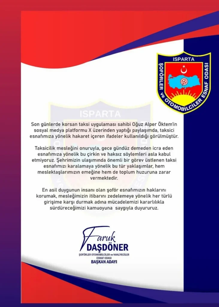 Isparta Şoförler Odası Başkan Adayı Faruk Daşdöner’den Oğuz Alper Göktem’e Tepki: "Taksi Esnafına Yönelik Çirkin Söylemleri Kabul Etmiyoruz" 2 12